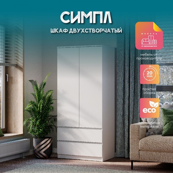 Шкаф 2-х створчатый Симпл ШК-03 Белый (BTS) в Луганске, ЛНР